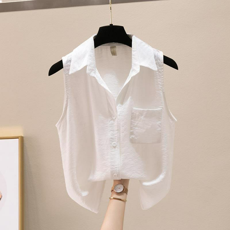 Summer Sleeveless Shirt for Women, New Style with a Turn-Down Collar, Versatile Design, Short-Sleeved Shirt, Fashionable Vest Top, Multi-Piece Set