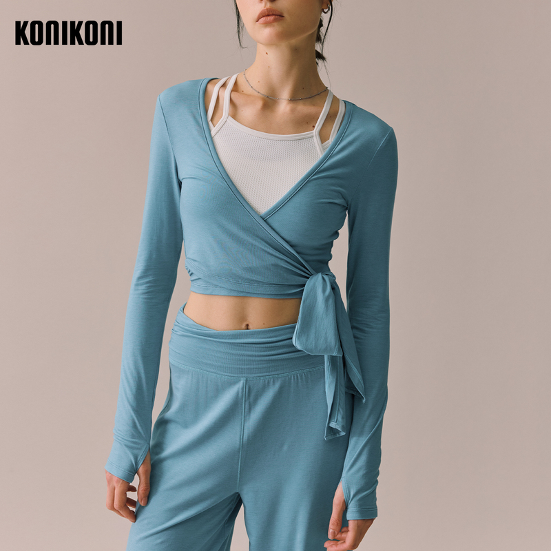 Konikoni Soft Flow Weave Merino Wool Long-Sleeve Sports T-Shirt Fitness Pilates Yoga Lace-Up Cardigan