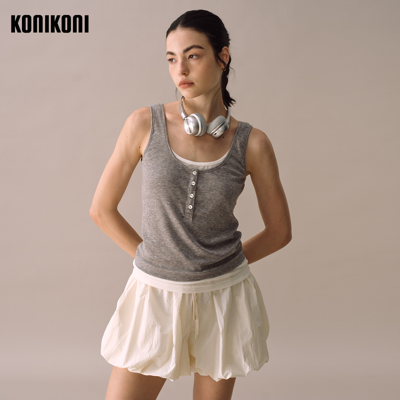 Konikoni Wool Blend Sports Layered Vest Fake Two-Piece Sleeveless T-Shirt with Shell Button Placket Slim Fit Top