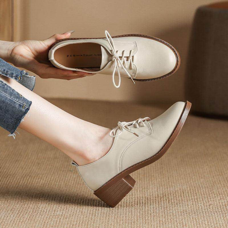 Hong Kong Lacing Single Shoe Woman 2023 Fall New College Wind Round Head Working Shoes 100 Hitch Leather Shoes Woman Rough Heel-Taobao