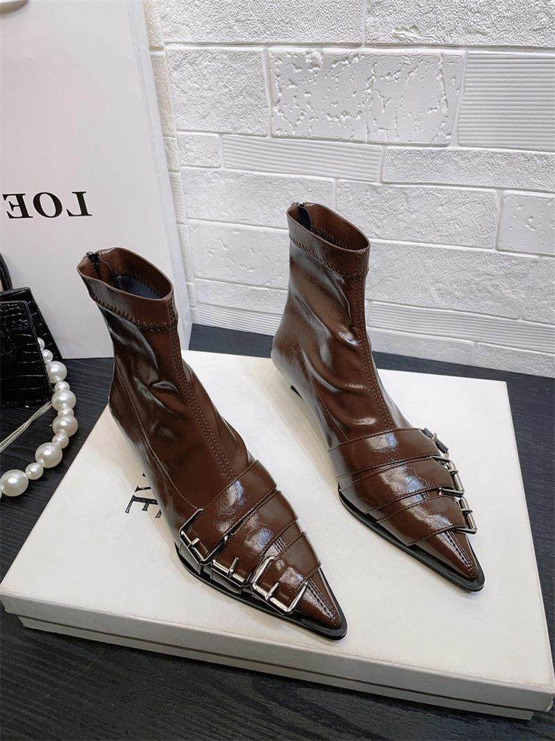 Tide Card Small Crowdbelt Buckle Cat Heel Tip Short Boots Woman 2023 Autumn Winter New Rear Zipper Elastic Slim Boots-Taobao