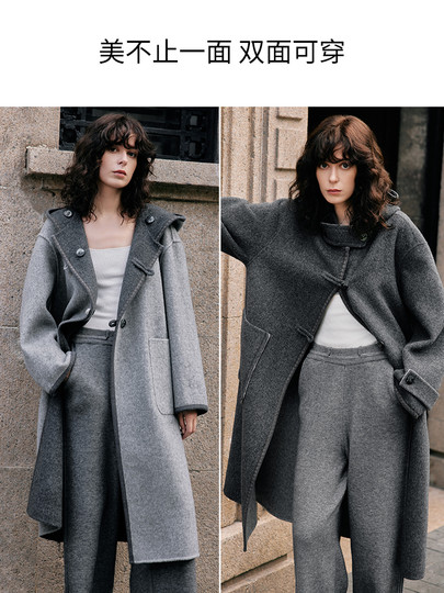 [100% Sheep Wool]Elle Gray Hooded Wool Coat for Women 2025 Winter New Long Wool Coat