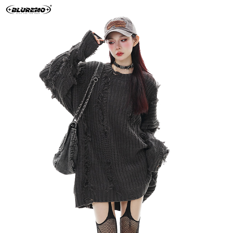 Bluremo Autumn and Winter New Product American Simple Style Solid Color Frayed Edge Ripped Versatile Multi-Color Unisex Crew Neck Knitted Sweater