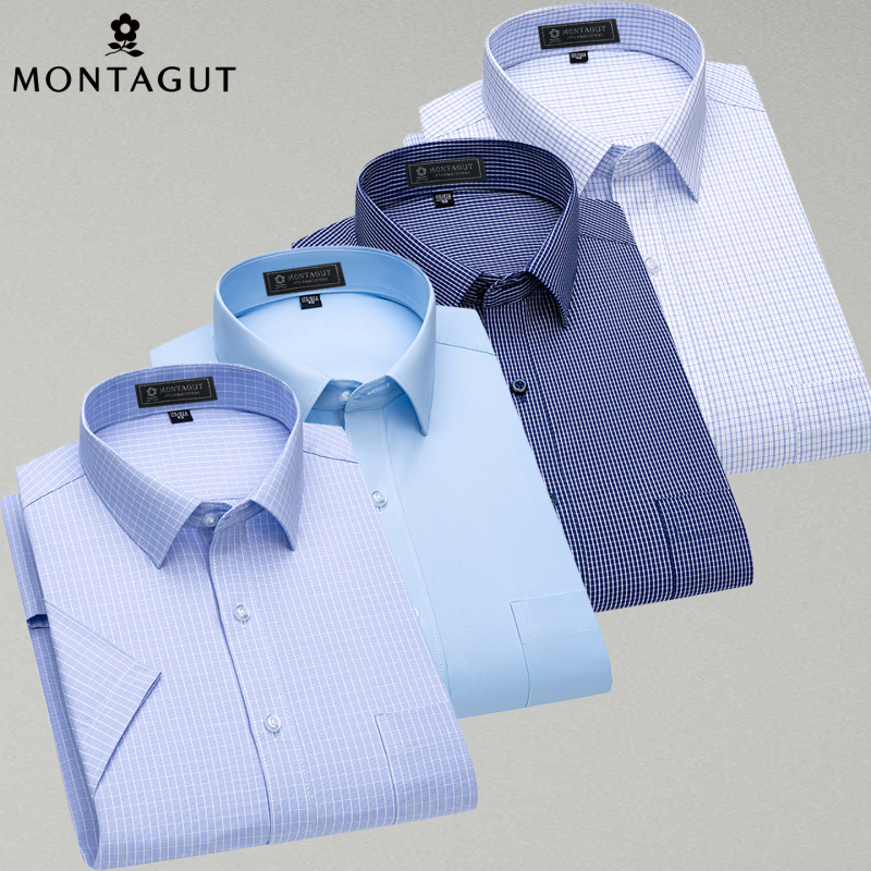 Montagut Men's Short-Sleeved Shirt, Business Attire, Summer Pure Cotton, No-Iron, with Pockets, Business Formal Wear, Brand Shirt for Men