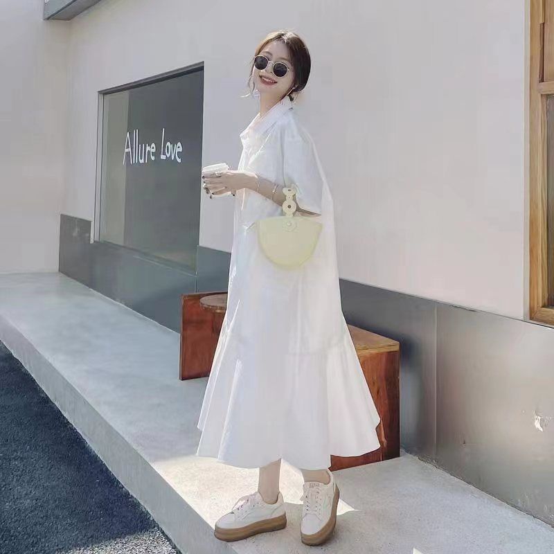 Summer New Style Plus Size 1.0-150kg Loose Short-Sleeved Shirt Dress Niche Patchwork White Shirt Dress
