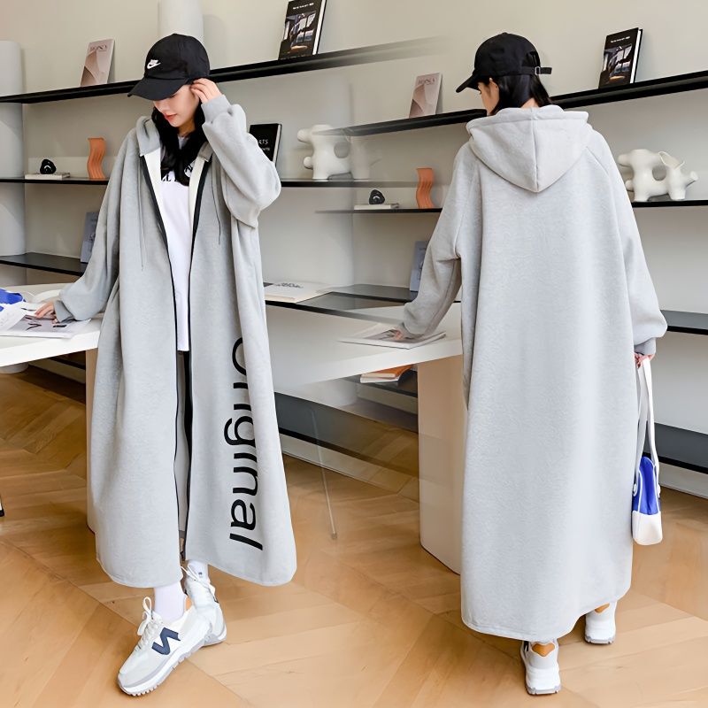 Fleece-Lined and Thickened Long Casual Cardigan Coat for Plus-Size Women, Extra Large Size 150kg Winter Loose Zipper Dress for Women