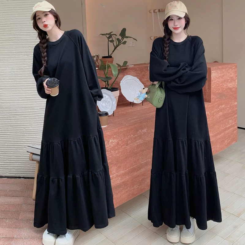 New Autumn and Winter Plus-Size Velvet Dress for Fat Women 1.0-150kg Slimming Belly-Covering French Splicing Dress Over-The-Knee Long Skirt