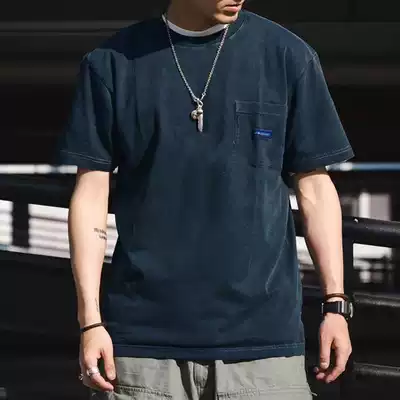 270g heavy Xishan Che blue dye washed old short sleeve Yu Wenle tide pocket loose retro couple T-shirt