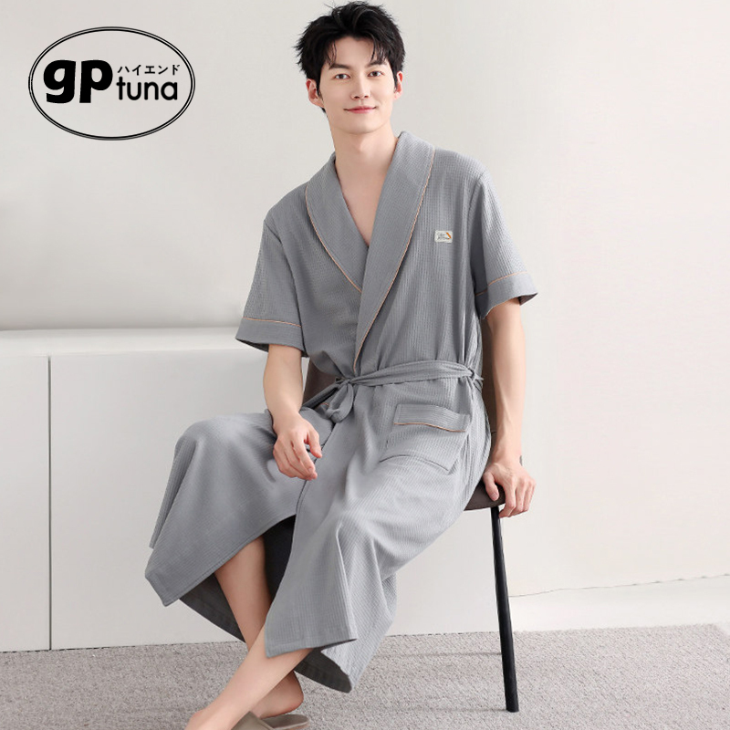 Gptuna Pure Cotton Nightgown Men's Summer Short-Sleeved 2026 New Style Simple Large Size Bathrobe Morning Robe Pajamas Home Clothes