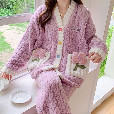 2026 Coral Fleece Maternity Pajamas Winter Postpartum Large Size Nursing Warm Thickened Homewear for Pregnant Women — 2