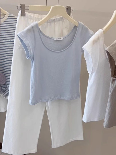 Casual and Versatile Round Neck, Straight Shoulder, Short-Sleeved T-Shirt for Women, New Summer Style, Fashionable, Slim-Fitting, Pure Color Short Top