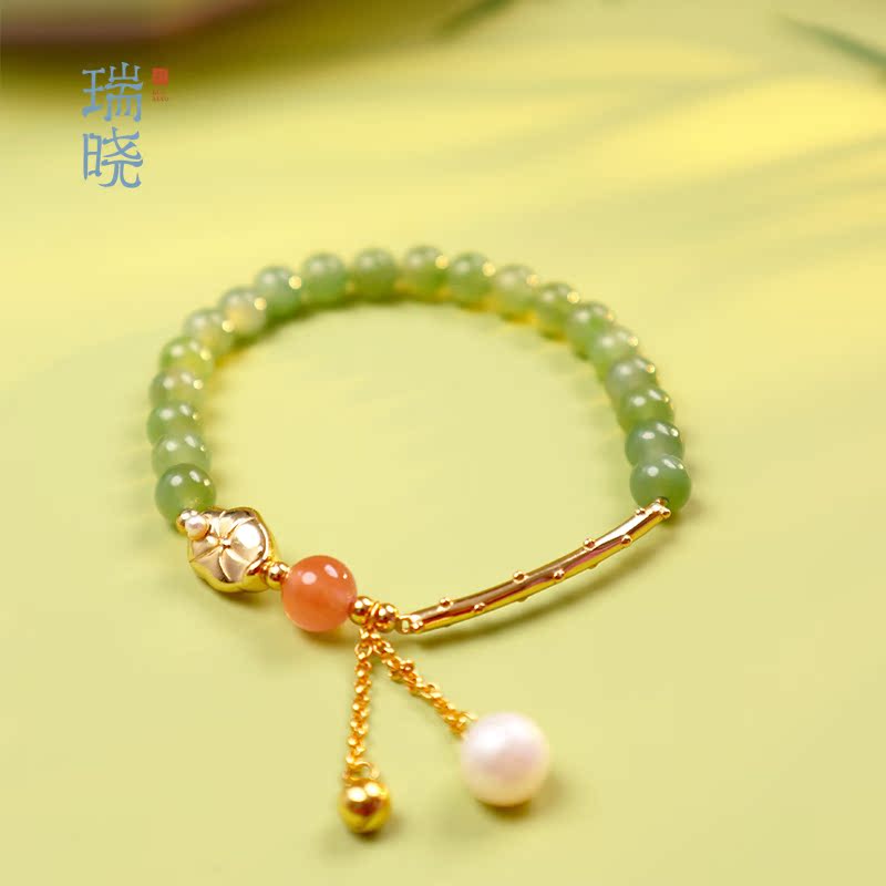 Ruixiaqing green water natural and Tian Yuqiu jade string girls s925 pure silver spinach green bracelet birthday present