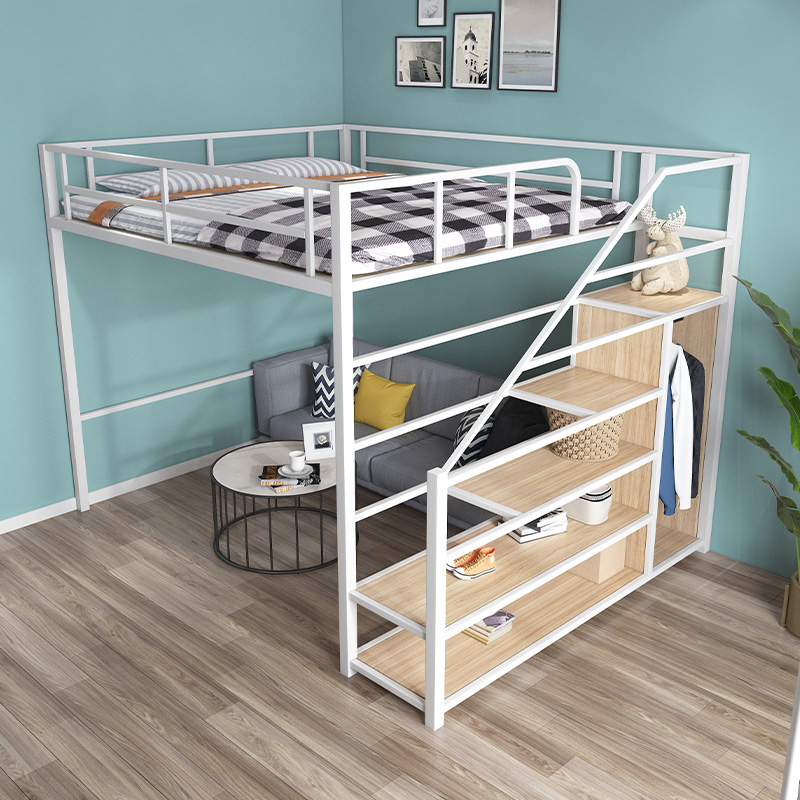 Nordic small apartment space-saving wrought iron elevated bed empty attic dormitory loft apartment bed iron frame bed sheet upper layer