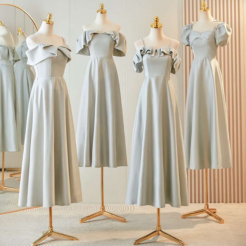 Gray Satin Bridesmaid Dress for Women 2026 New Summer Niche High-End Sister Group Wedding Dress for Petite Sizes