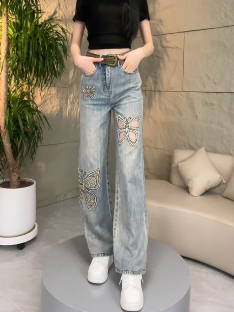 EUROPE STATION JEANS 2024 NEW WOMENS SUMMER THIN HOLE LOOSE STRAIGHT PANTS EMBROIDERED HOT DIAMOND MOP TROUSERS