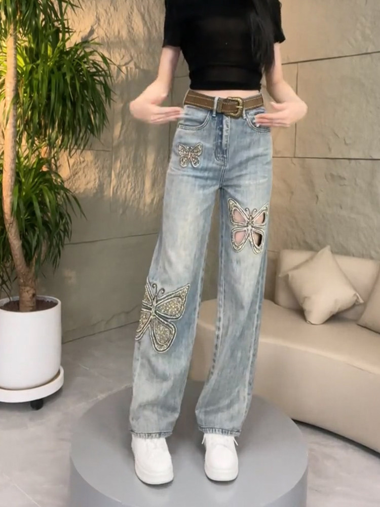 EUROPE STATION JEANS 2024 NEW WOMENS SUMMER THIN HOLE LOOSE STRAIGHT PANTS EMBROIDERED HOT DIAMOND MOP TROUSERS