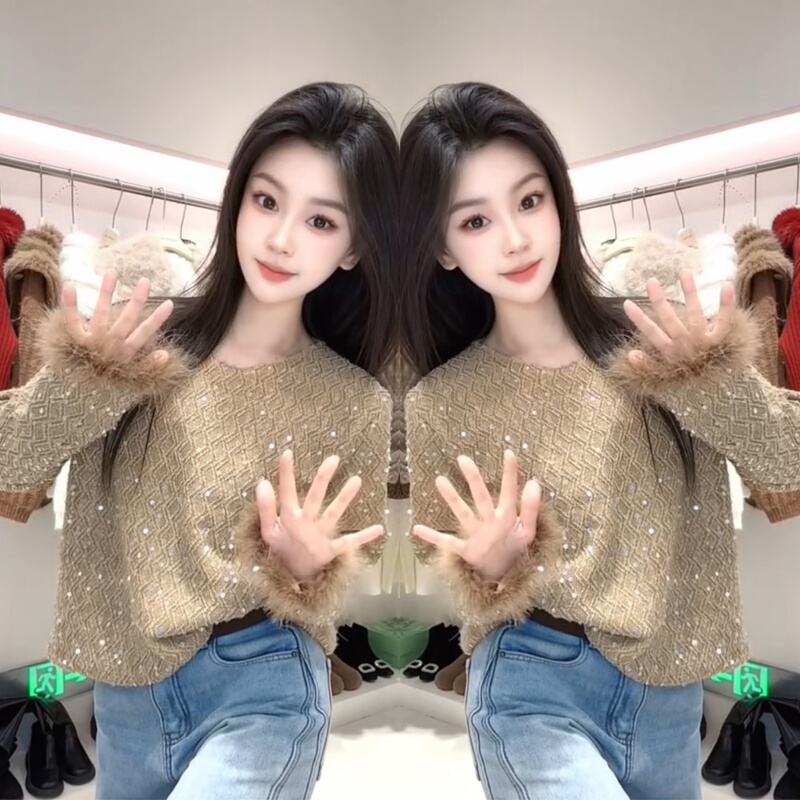 Korean-Style Elegant Sequined Lace Shirt with Fur Sleeves, Light Luxury Fashion, Trendy Sequin Shimmering Outfit Top Korean-Style Elegant Sequined Lace Shirt with Fur Sleeves, Light Luxury Fashion, Trendy Sequin Shimmering Outfit Top