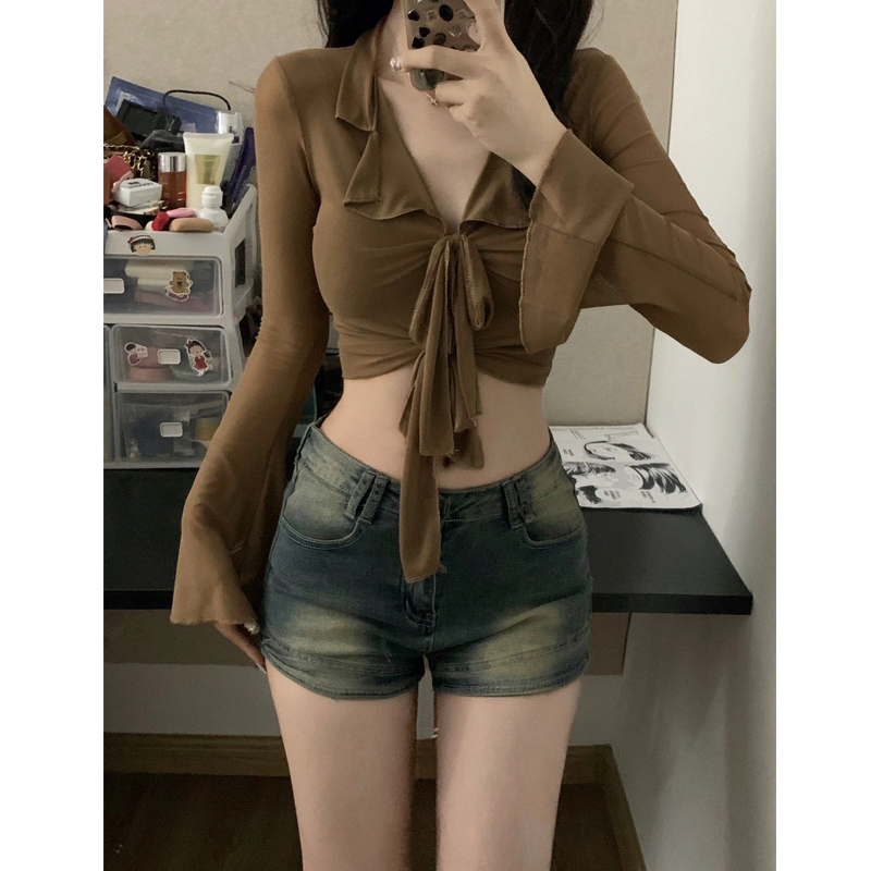 French-Style Slim-Fitting Lace-Up Long-Sleeve Shirt for Women, Pure and Desirable Design, Niche and Unique, Short V-Neck Spicy Girl Top French-Style Slim-Fitting Lace-Up Long-Sleeve Shirt for Women, Pure and Desirable Design, Niche and Unique, Short V-Neck Spicy Girl Top