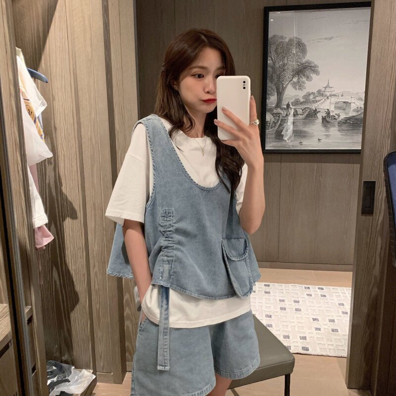 Large size women's suit summer student fat Han edition loose jean horse shorts casual three - piece suit 200 pounds