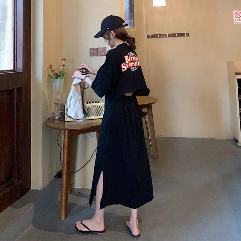 Summer Korean version 2022 new design senses with long version of careful machine hollowed-out letter display slim short sleeve foreign dress women's clothing