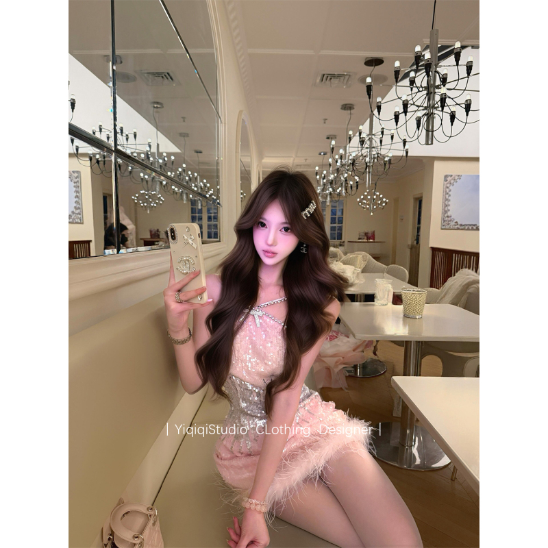 Pink Halter Neck Dress for Women, Elegant Socialite Birthday Dress, High-End Heavy Sequin Ostrich Feather Bodycon Dress Pink Halter Neck Dress for Women, Elegant Socialite Birthday Dress, High-End Heavy Sequin Ostrich Feather Bodycon Dress