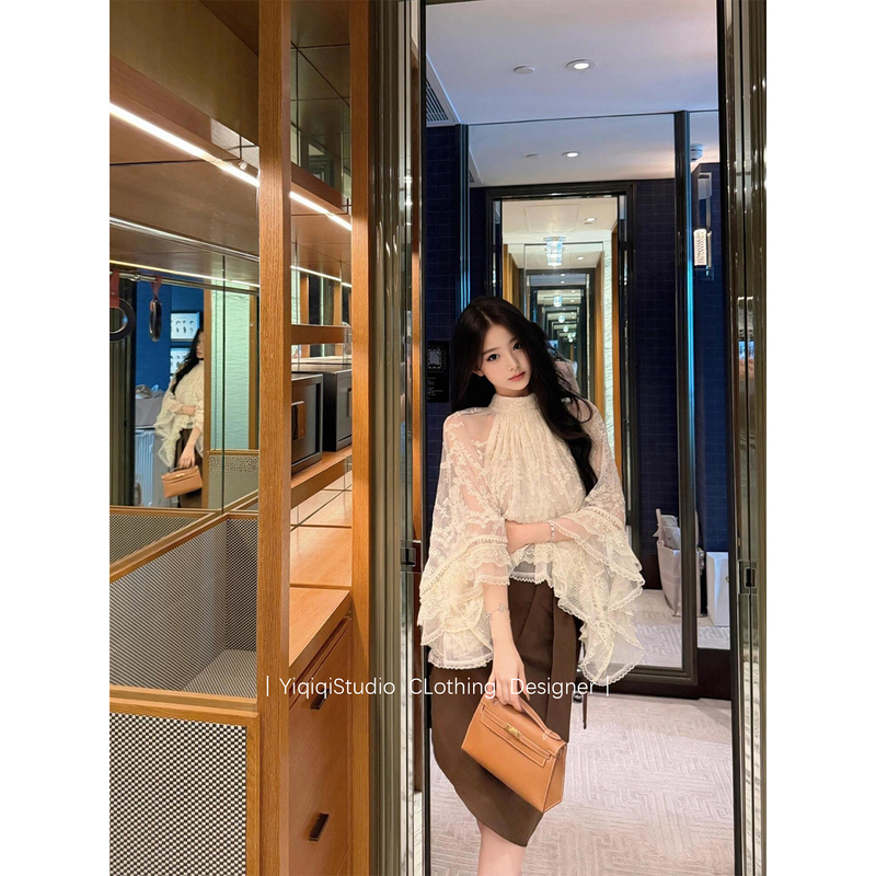 French-Style Women's Blouse for Autumn, High-End, Unique, Beautiful, Stunning, with Intricate Embroidery, Sexy Lace Top