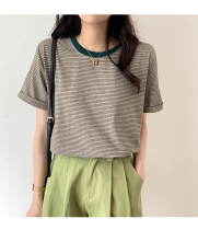 Striped short-sleeved t-shirt womens summer 2022 new ins tide net red self-cultivation round neck half-sleeved western style top womens summer