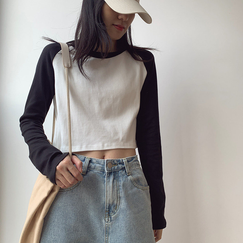 Short cotton long-sleeved t-shirt black and white top women's autumn high waist bottoming shirt women's autumn and winter foreign style hit color new trend
