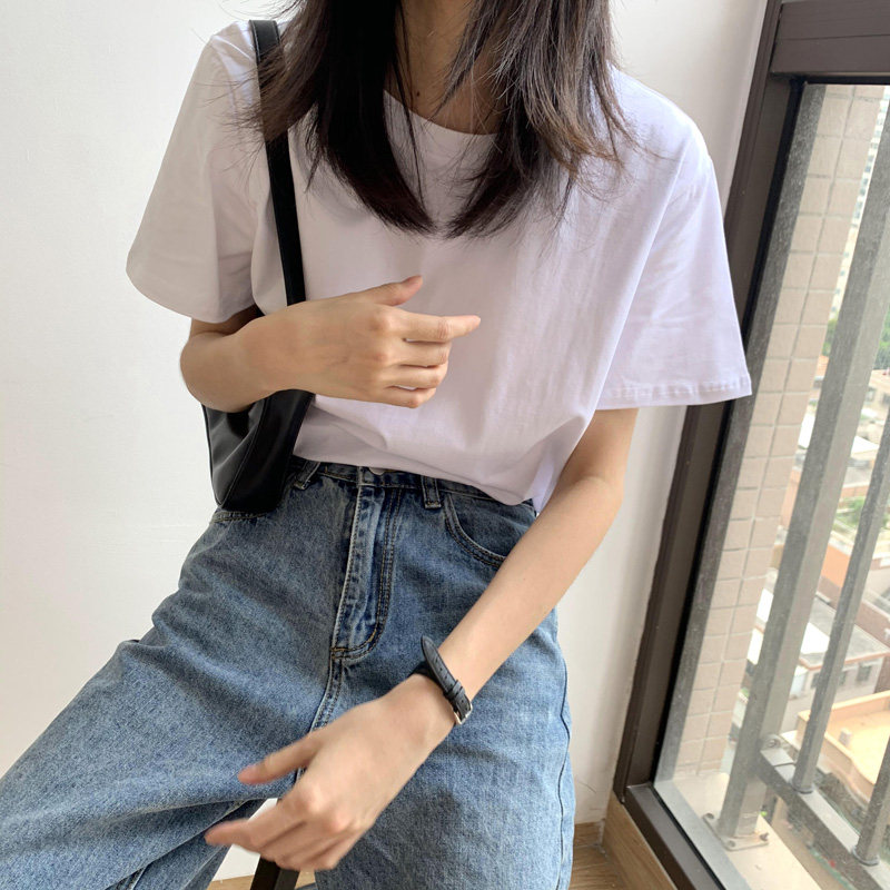 Pure cotton white short-sleeved round neck t-shirt women's loose shoulders women's clothing 2022 new half-sleeved short top summer