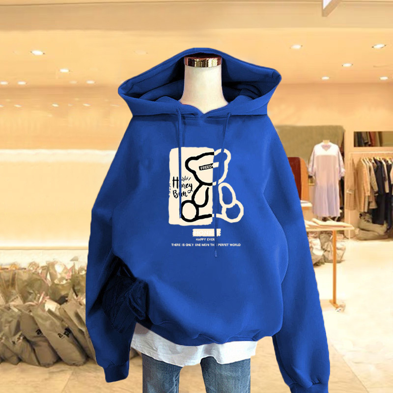 Klein Blue European Style Oversized Hooded Sweatshirt for Women, Autumn and Winter Thin Style 2026 New Loose Fit Fleece-Lined Thickened Top