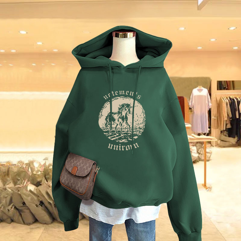 Dark Green 2026 New Hooded Sweatshirt for Women, Spring and Autumn Thin Style, Korean Version, Loose and Lazy, Fleece-Lined and Thickened Jacket