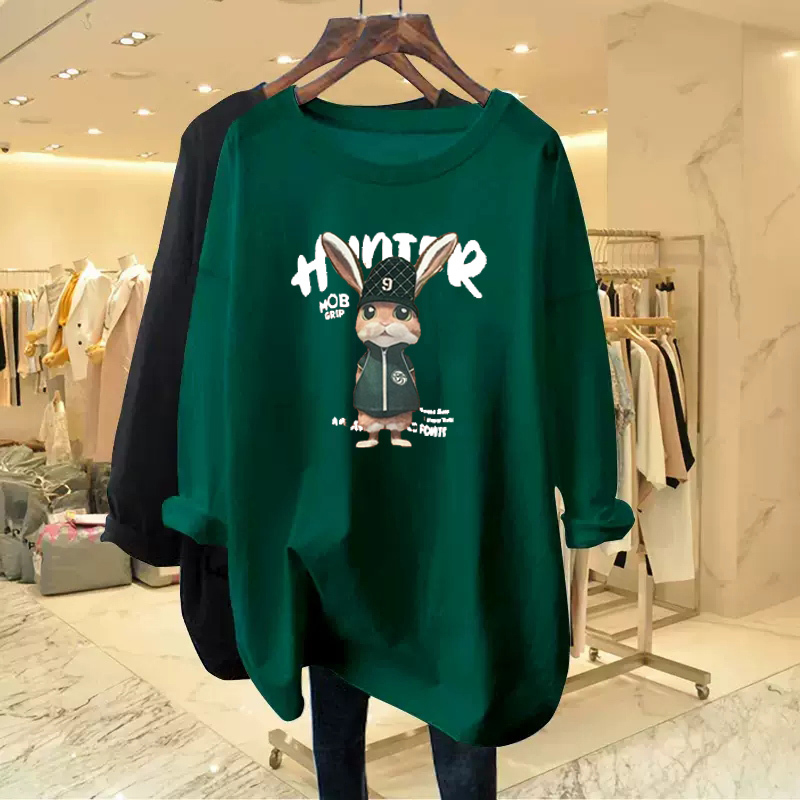 New Dark Green Base Layer Women's Sweatshirt for Layering, Stylish and Trendy, Loose Mid-Length Long-Sleeve T-Shirt for Spring and Autumn