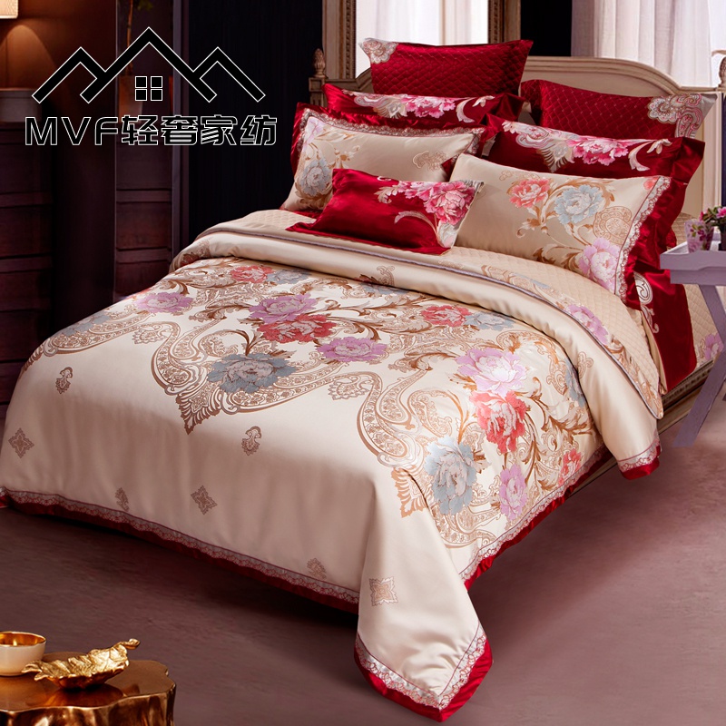 MVF upscale European-style wedding with four sets of beds bedding extravagant red embroidered embroidered gonsatin 80 pieces to get married-Taobao