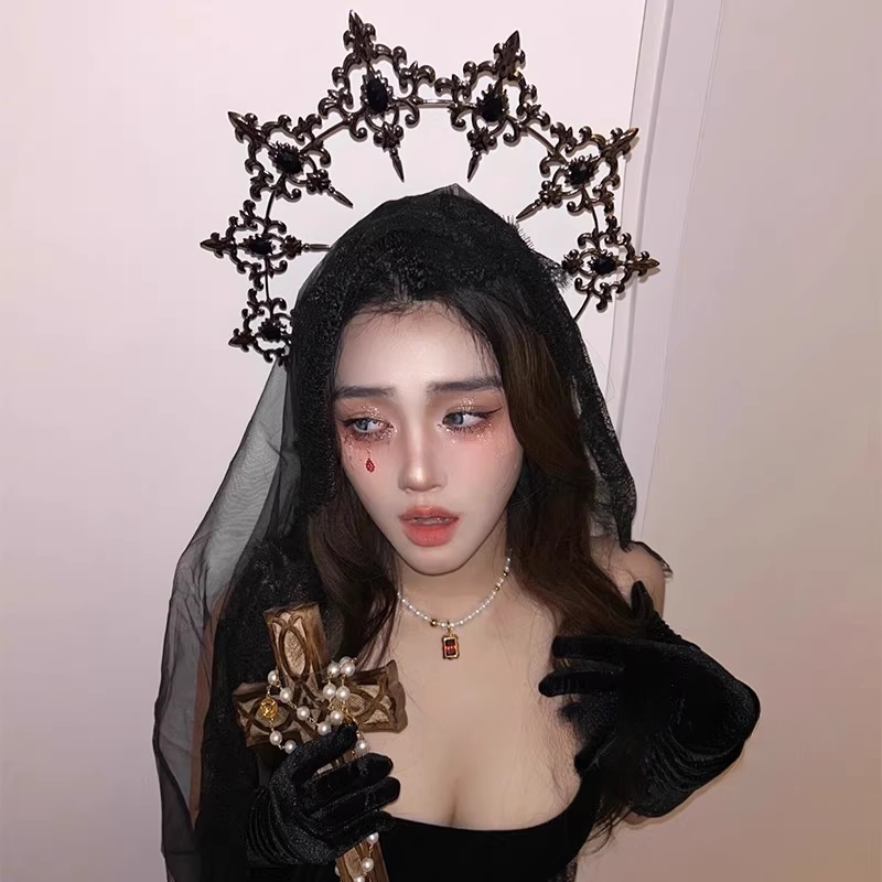 "Gothic Dark Madonna" Halloween Halo Cross Headband Lolita Baroque Crown Headband for Women