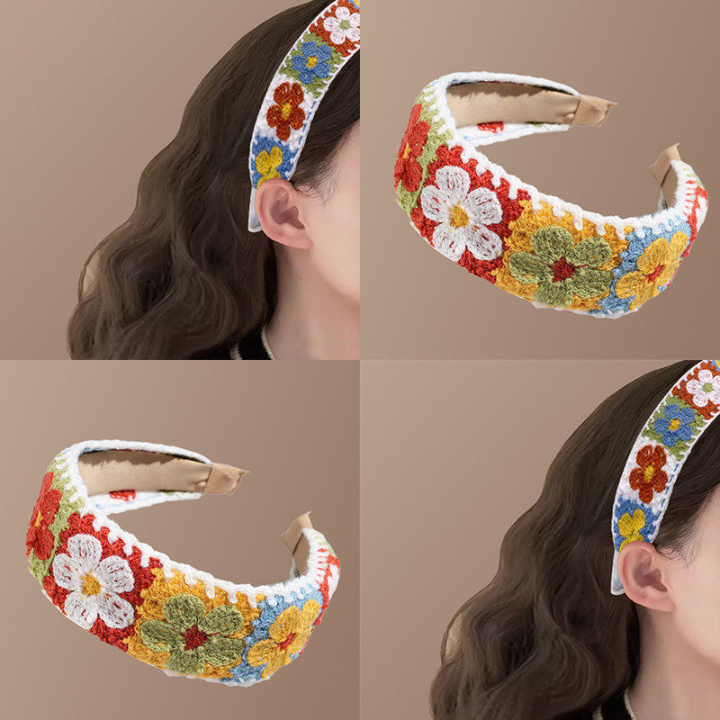 Colorful flowers! Stylish embroidered headband! High-top floral wide-brimmed headband, travel hair clip, exquisite hair tie.
