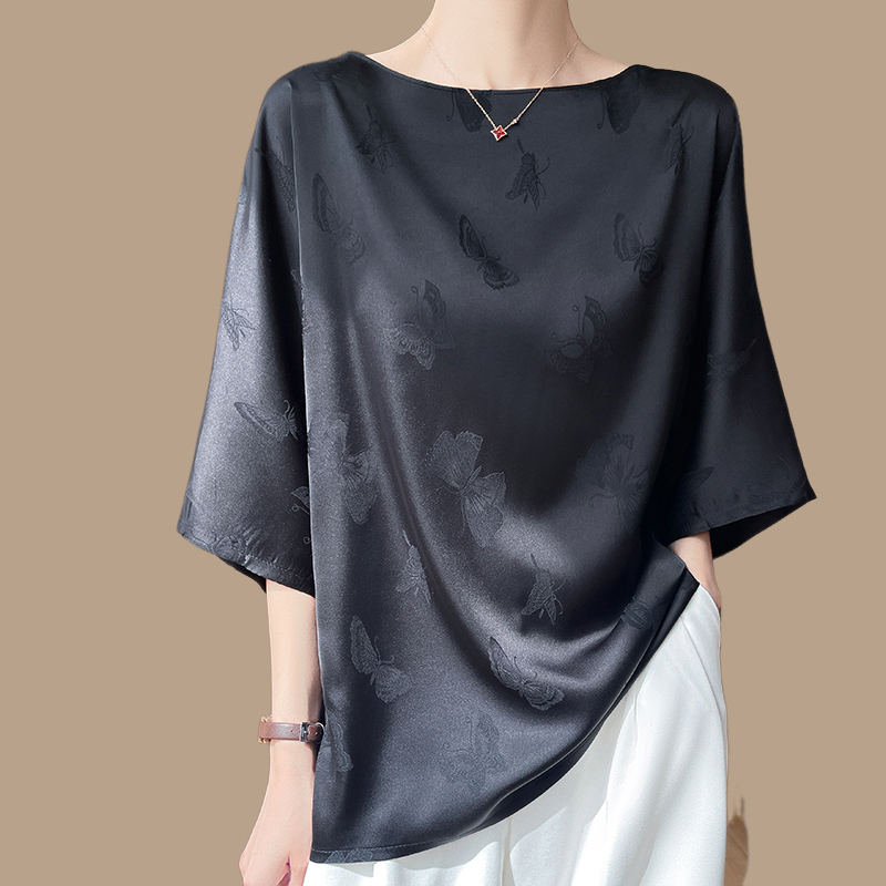Women's Clothing 2025 Summer New Style Mulberry Silk Round Neck Butterfly Jacquard Three-Quarter Sleeve Women's Loose Silky Satin Top