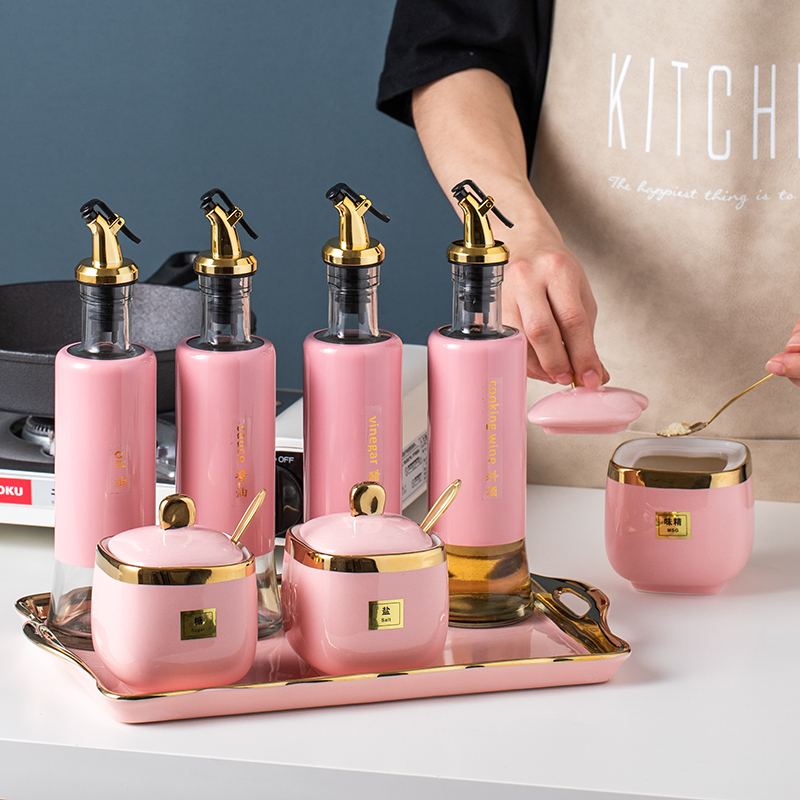 Sakura Qi kitchen seasoning oil salt sauce vinegar full set of seasoning pot household ceramic salt pot seasoning bottle set