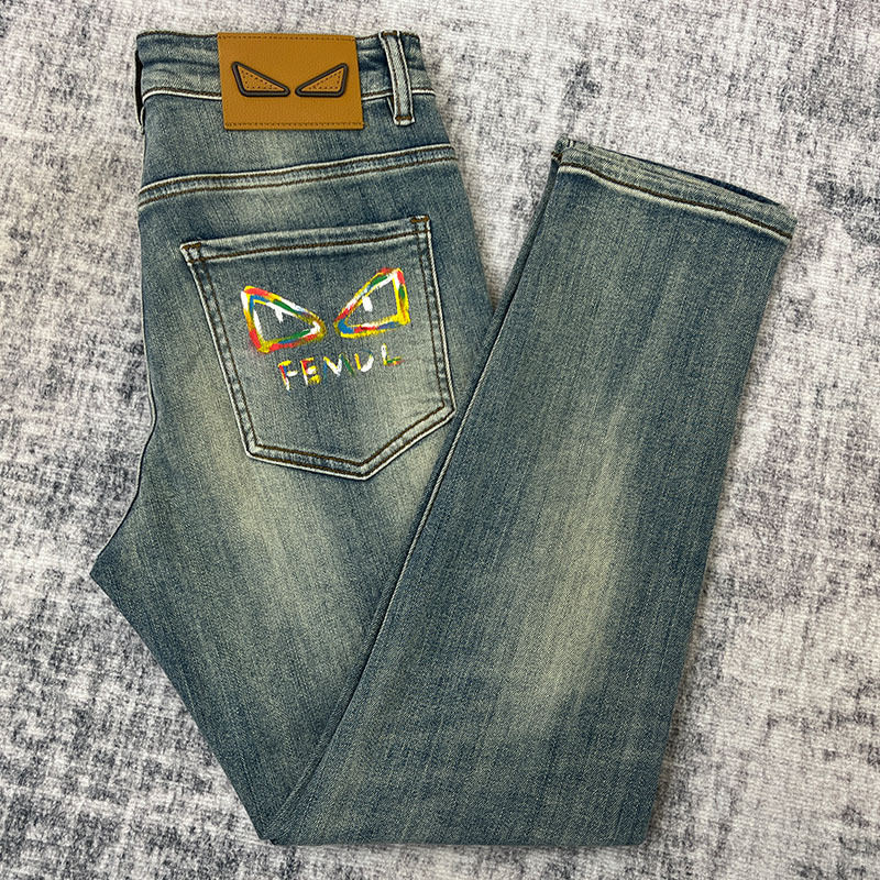 European High-End Trendy Brand Hand-Painted Men's Jeans 2026 Spring/Summer New Slim Straight Stretch Casual Pants
