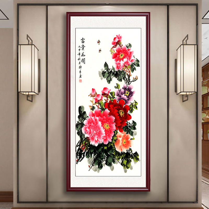 Peony Picture Hanging Painting Flowers Blooming Wealthy Zhongtang Painting Living Room Chinese Painting Entrance Decoration Painting Vertical Version Chinese Flower and Bird Picture Mural