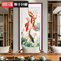 Nine fish treasure map vertical version of the entrance decorative painting Chinese painting Fish hanging painting Home lotus mural Living room door Feng Shui painting