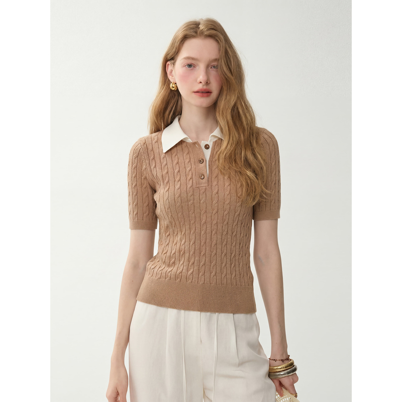 High-End Color-Blocked Polo Collar Twist-Knit Short-Sleeve Women's Summer Versatile Design Slim-Fit Thin Pullover Top