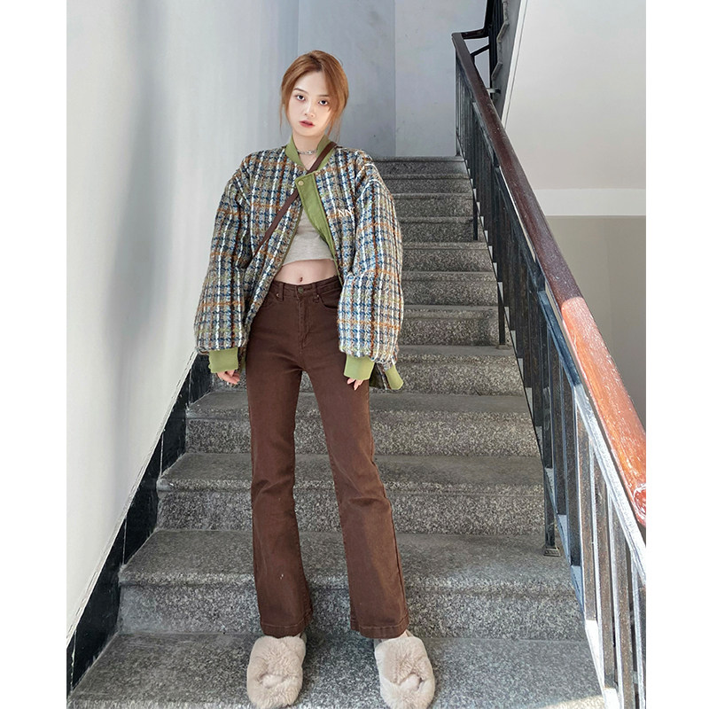 Coffee-colored jeans female small tall waist retro horseshoe flared pants sweet cool hot girl slim wide-leg pants in autumn and winter