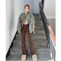 Coffee-colored jeans womens small autumn and winter high-waisted retro horseshoe flared pants sweet and cool hot girls show thin wide-leg pants