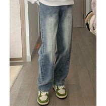Straight-leg jeans small childrens autumn and winter loose retro American style old design sense high waist wide leg dad pants