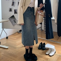 150 small split skirt womens summer high waist retro blue A-line denim skirt covering the crotch and showing thin hip skirt