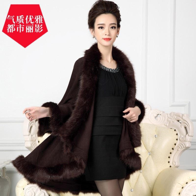 Big shawl cape premium fall/winter bat sleeves big fur collar jacket mom dress cloak wool knit cardigan mid-length version