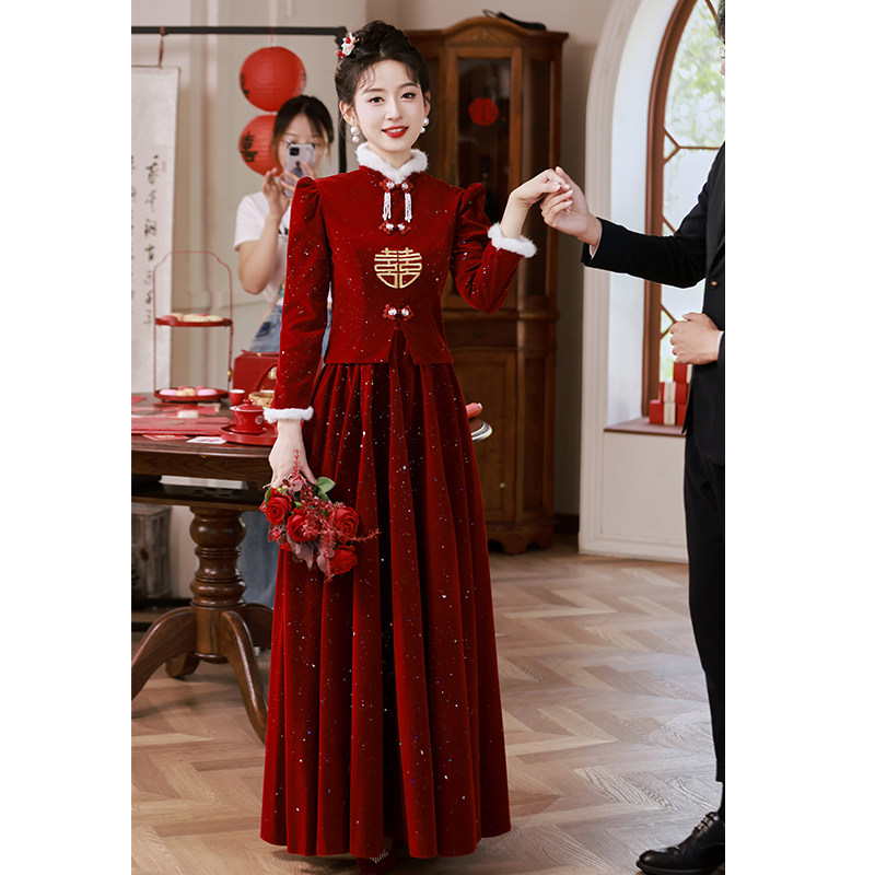 Qipao toast to the bride 2023 new red wedding suit Winter engagement gown dress lady plus suede thickened winter-Taobao