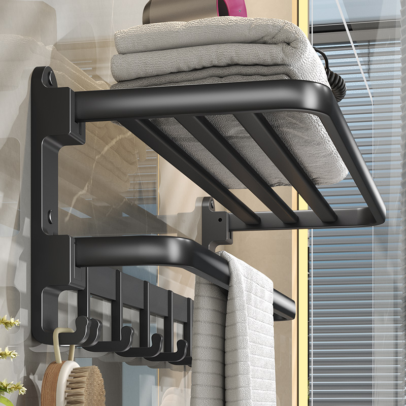 Space aluminum towel rack free punching black bathroom rack toilet toilet bathroom wall hanging towel rack pendant