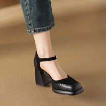 Italy Raraente~ Retro giant soft shoes for women waterproof platform thick heel square toe strap solid color high heels