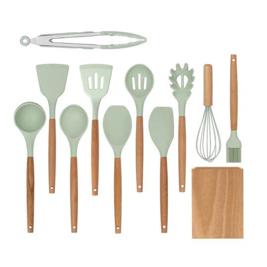 Utensilios de cocina de silicona, juego de 12 piezas, mango de madera, cuchara de cocina, pala, utensilios de cocina de madera, cubo, utensilios de cocina, espátula para verduras, juego de cucharas para sopa